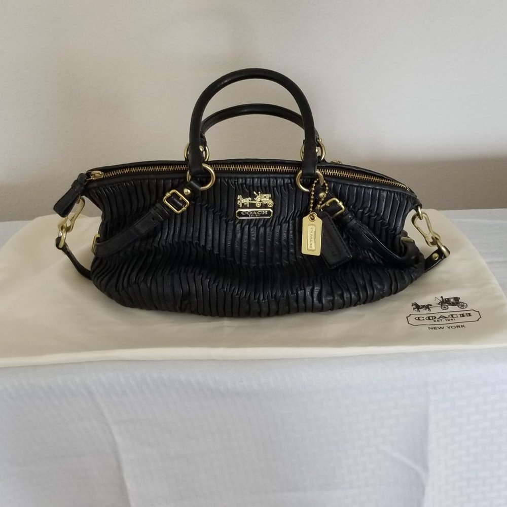 Coach Black Sophia Madison Satchel Gathered Pleated Leather. Brass fittings.